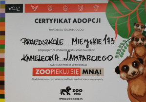 Certyfikat adopcji w Łódzkim ZOO
